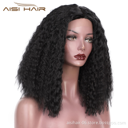Aisi Hair Top Quality Medium Long Natural Black Wig Synthetic Lace Front Wig Middle Part Afro Curly Kinky Hair Wigs For Women